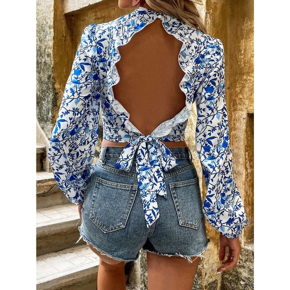 Open back cutout Floral Print Lantern Sleeve Tie Backless Crop Blouse blue boho - Picture 4 of 7